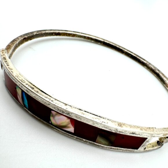 Vintage Mexican Alpaca Silver Tone Bracelet With Red Enamel & Abalone Inlay - Picture 8 of 9